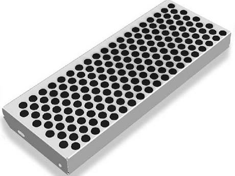 A piece of aluminum perforated plate with flat round holes.