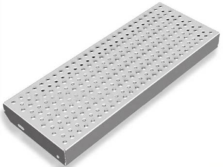 A piece of aluminum perforated plate grating with raised round holes.