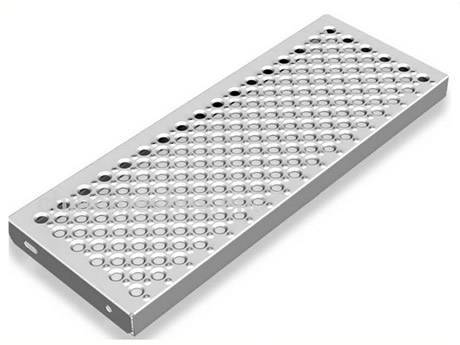 A piece of aluminum perforated plate with small raised round holes.
