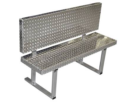 A bench is made of galvanized checker plate on the white background.